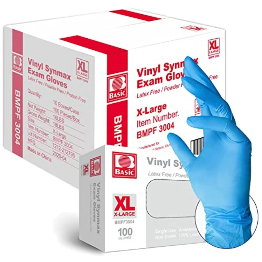 

Basic Medical Synmax Vinyl Exam Gloves - Latex-Free and Powder-Free - X-Large BMPF-3004 Case of 1 000 Blue