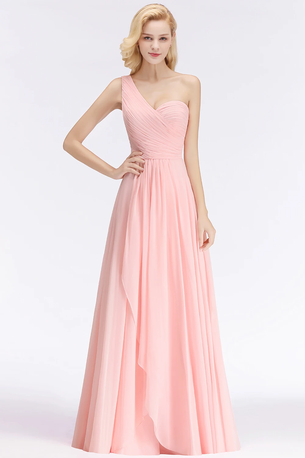 

Blush Chiffon One-Shoulder Pleats Bridesmaid Dresses Simple Plain A-line Ruffles Elegant Outdoor Party Dress Wedding Guest Gowns