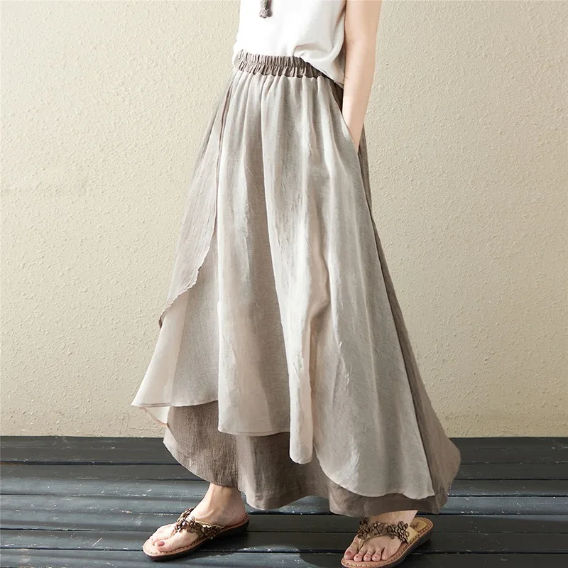 

New Arrival 2024 Spring Summer Arts Style Women Elastic Waist Loose Asymmetrical Long Skirts Patchwork Cotton A-line Skirts