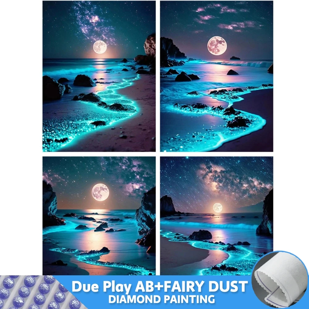 Diamond Painting Fairy Dust AB Embroidery Noctilucent Beach Scenery Cross Stitch Kit 5D DIY Moon Full Drill Art Handmade Gift