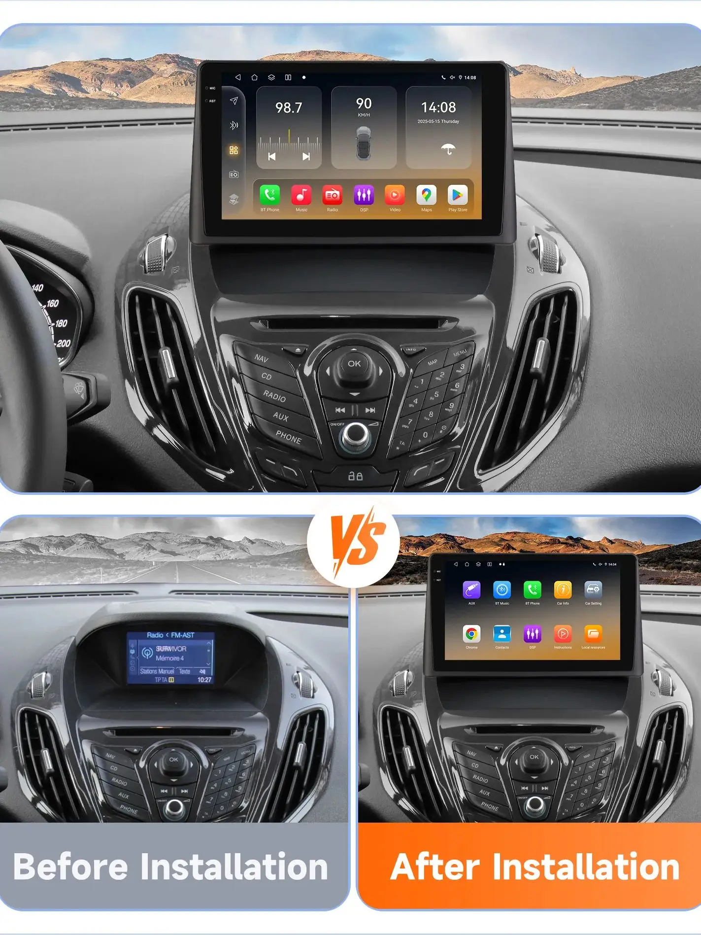 Hizpo 8-Kern Android 14 Intelligentes Autoradio für Ford Transit/Tourneo Courier 2013-2021 CarPlay 4G BT mit Qualcomm Snapdragon 6115