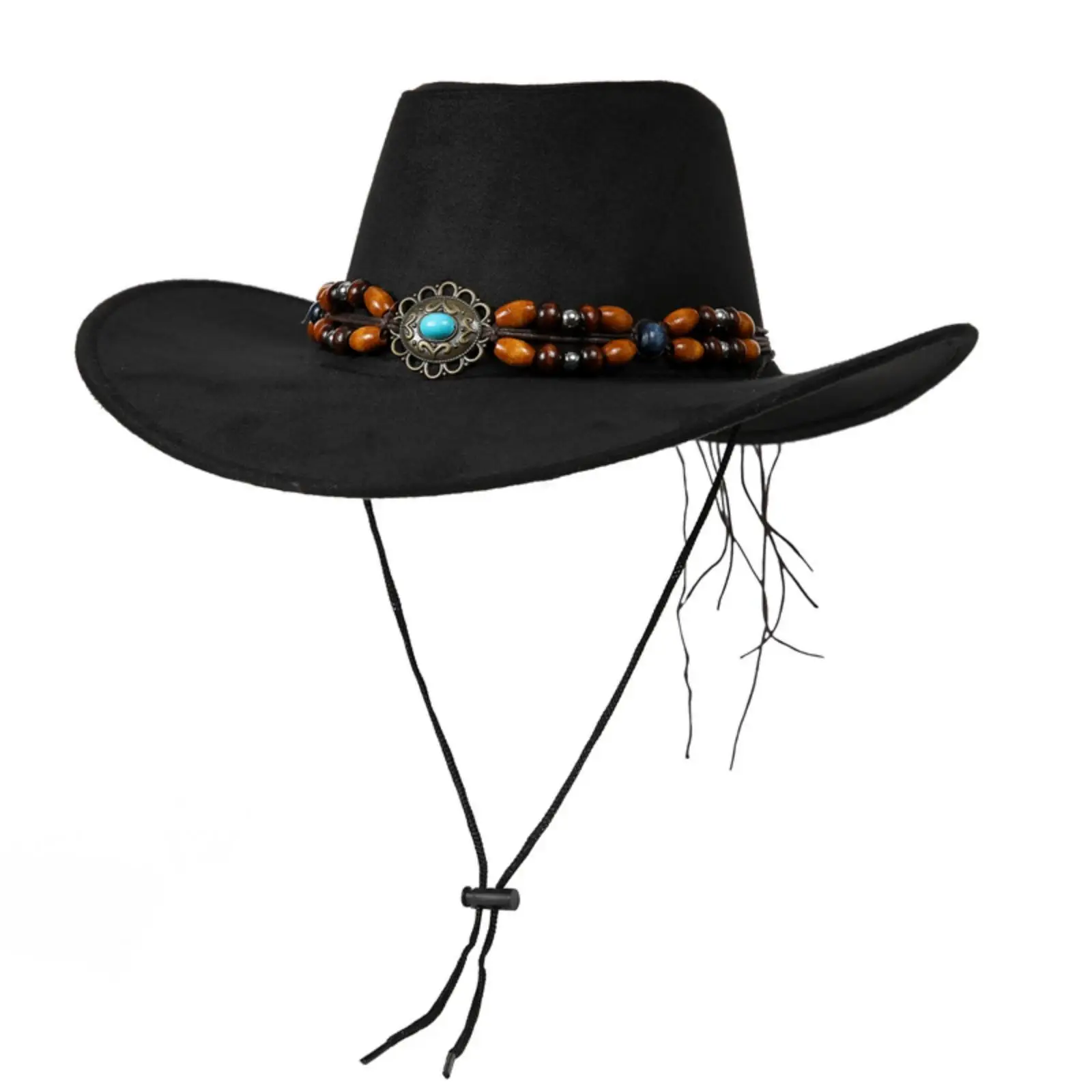 Adjustable Cowboy Sun Hat with Decorative Turquoise Ornament and Stitched Brim for Summer