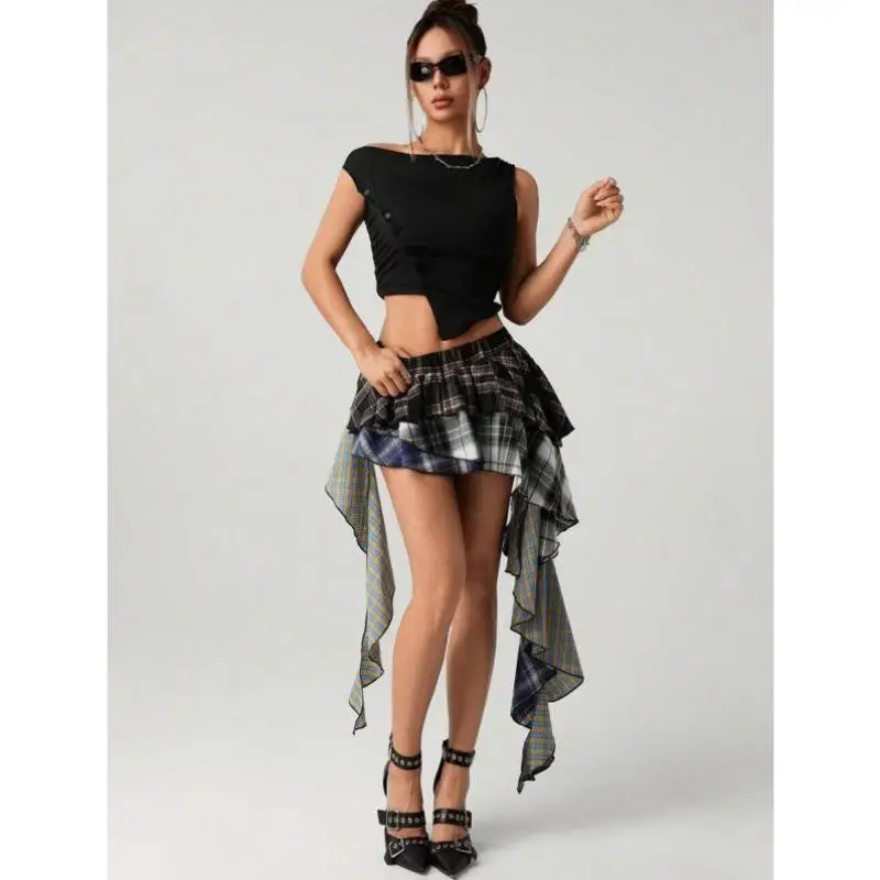 

New Asymmetrical Plaid A-Line Skirt Men's ort Pants Retro Sle Ciwalk Nine-Piece Pants Elastic Micro Elastic Tee-Vinyl...