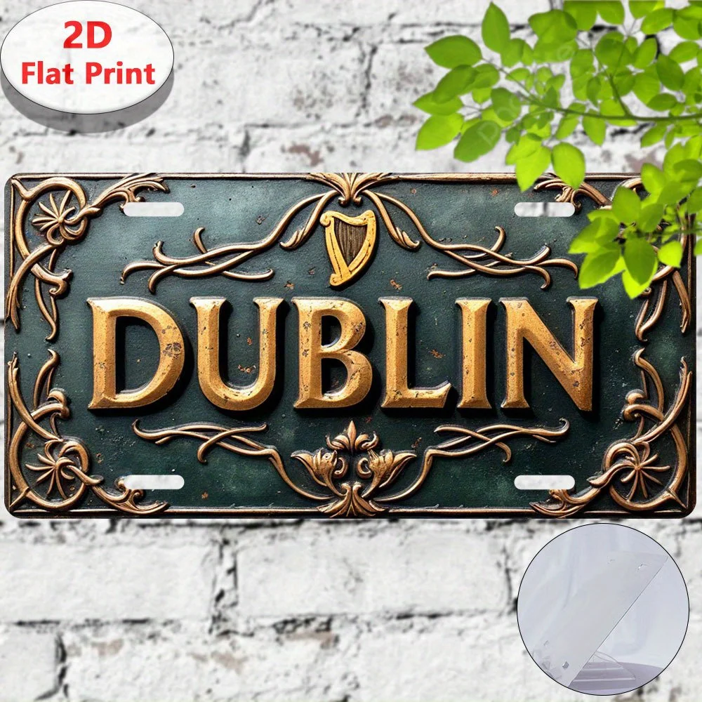 2D Flat Aluminum 1pc Vintage Dublin Ireland Wall Sign,30.48×14.99cm Celtic Knot Golden Letter Plaque, Industrial Irish Decor