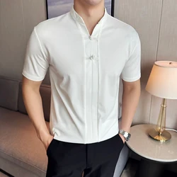 Men High Elasticity Chinese Style Stand Up Collar Polo Shirt 2024 Summer Light Thin V-neck Solid Casual Elastic Slim Fit T-shirt