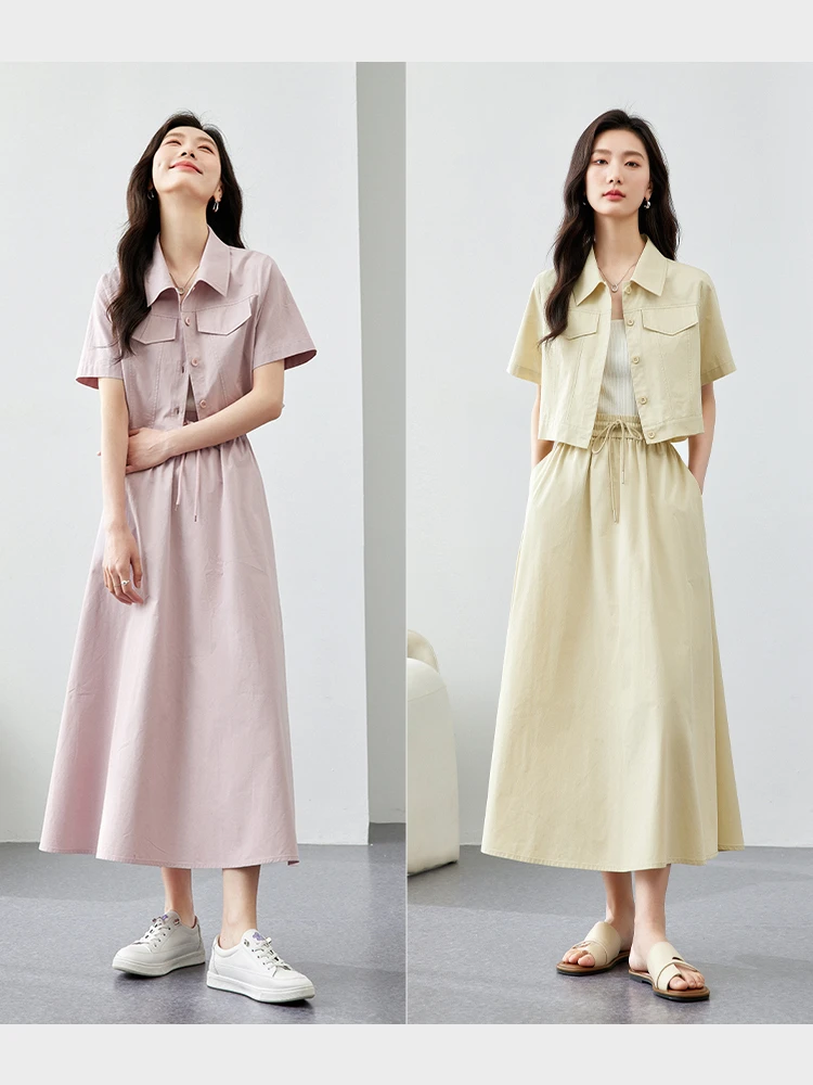 VIMLY Women Workwear Shirt Suit Skirt 2024 Summer Two Piece Set Casual Loose Turndown Collar Shirt+ Tie At Waist Skirt 16659