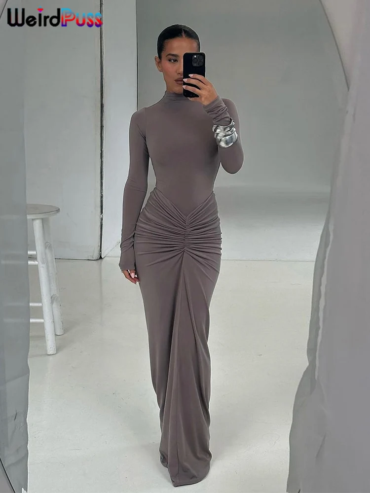 Weird Puss Hipster Ruched Dress Women o-NeckFull Sleeve Skinny Stretch Robe Autumn Trend Simple Classic Pleats Long Bodycon - Image 4