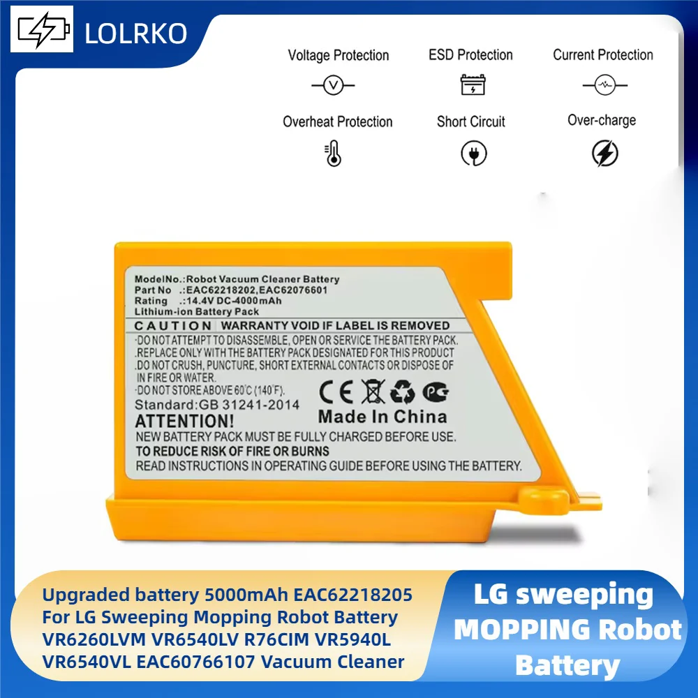 

Upgraded battery 5000mAh EAC62218205 For LG Sweeping Mopping Robot Battery VR6260LVM VR6540LV R76CIM VR5940L VR6540VL EAC6076610