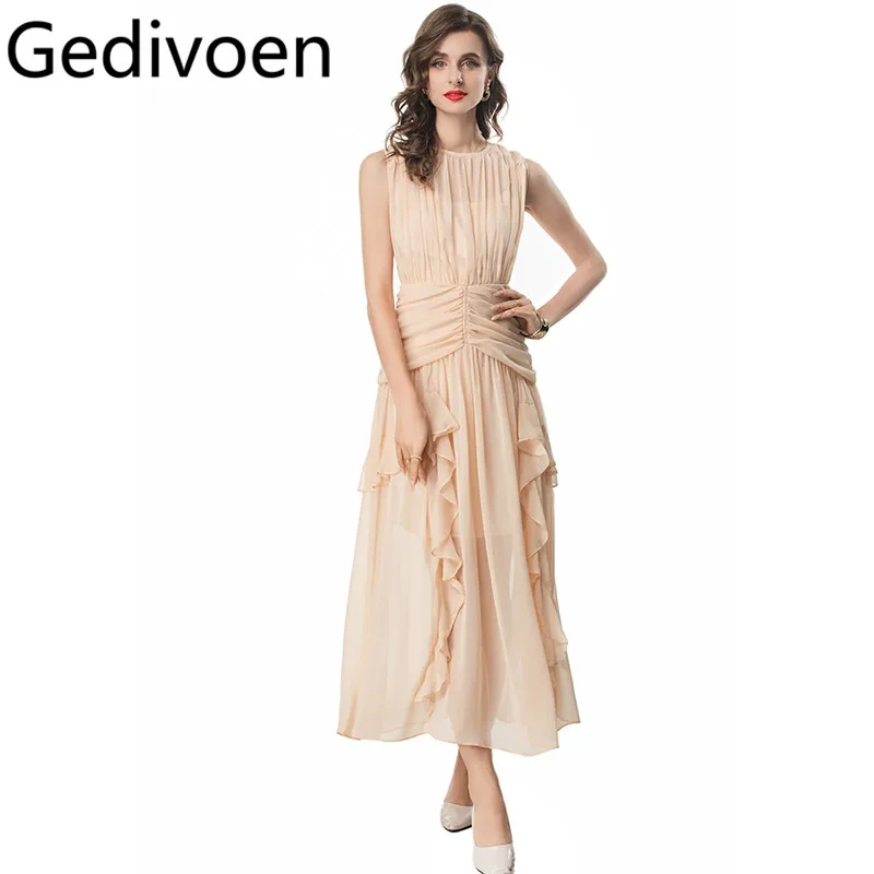 

Gedivoen Summer Fashion Runway Designer Dresses Women's Vintage Solid Color Ruched Chiffon Ruffles Temperament Flutter Dresses