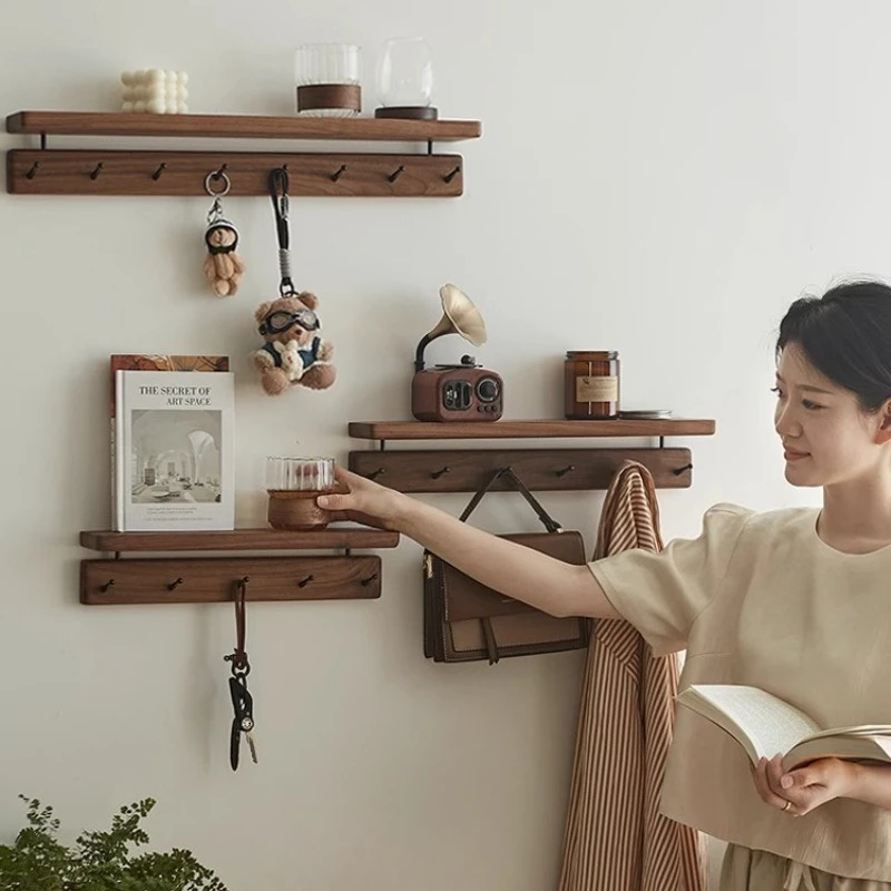 Solid Wood Wall Mounted Coat Hooks No Drill Clothes Rack for Entryway Durable Key Holder Space-Saving