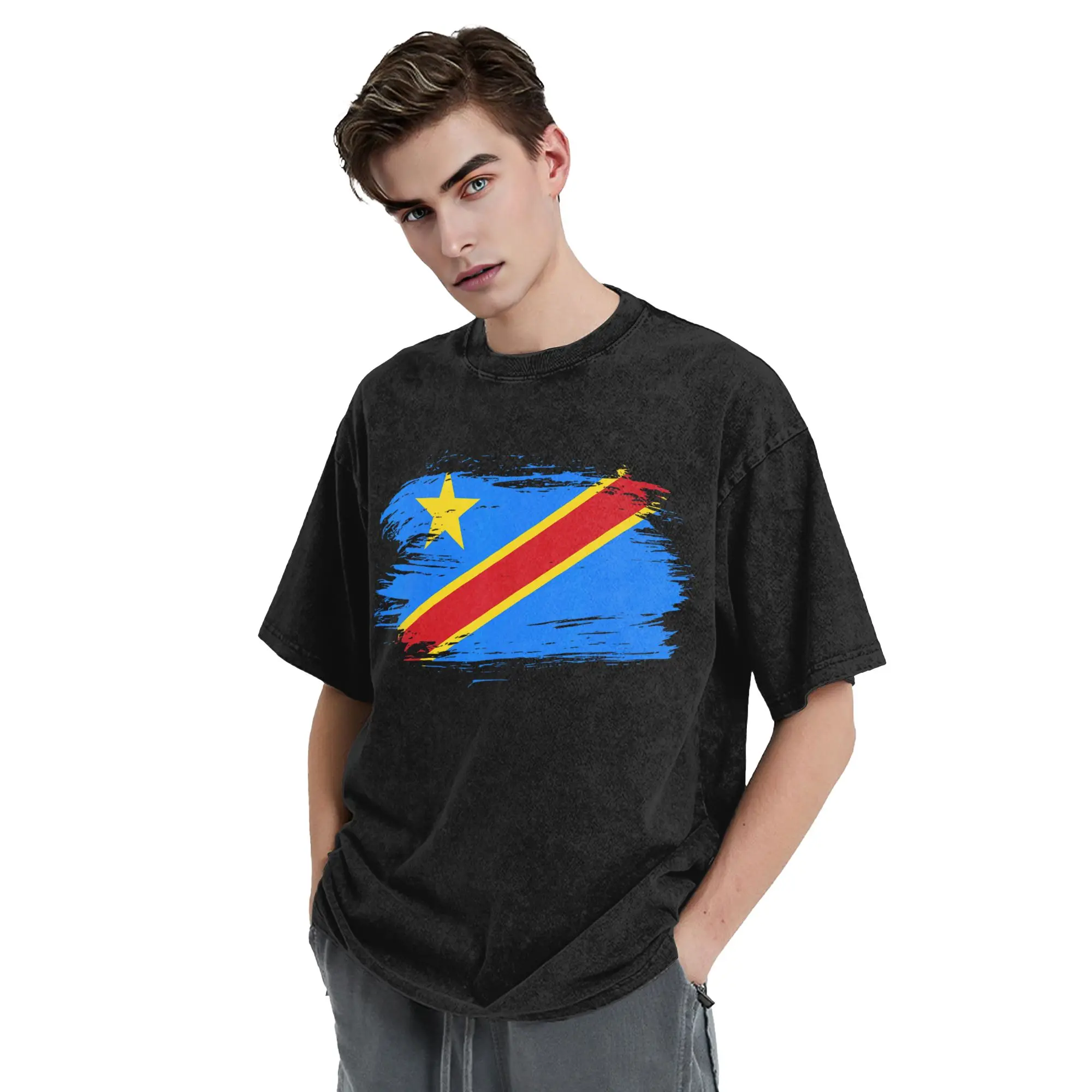 Republic Of Congo Congolese Flag DRC Washed T Shirts Streetwear  Fashion T-Shirts Tees for Men Women 100% Cotton