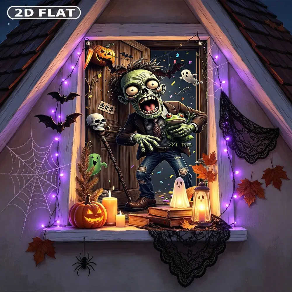 2D FLAT 1pc Party Window Cover Banner, with Zombie Holding Frog Halloween Scene With Pumpkins, No Power Need Home Decor