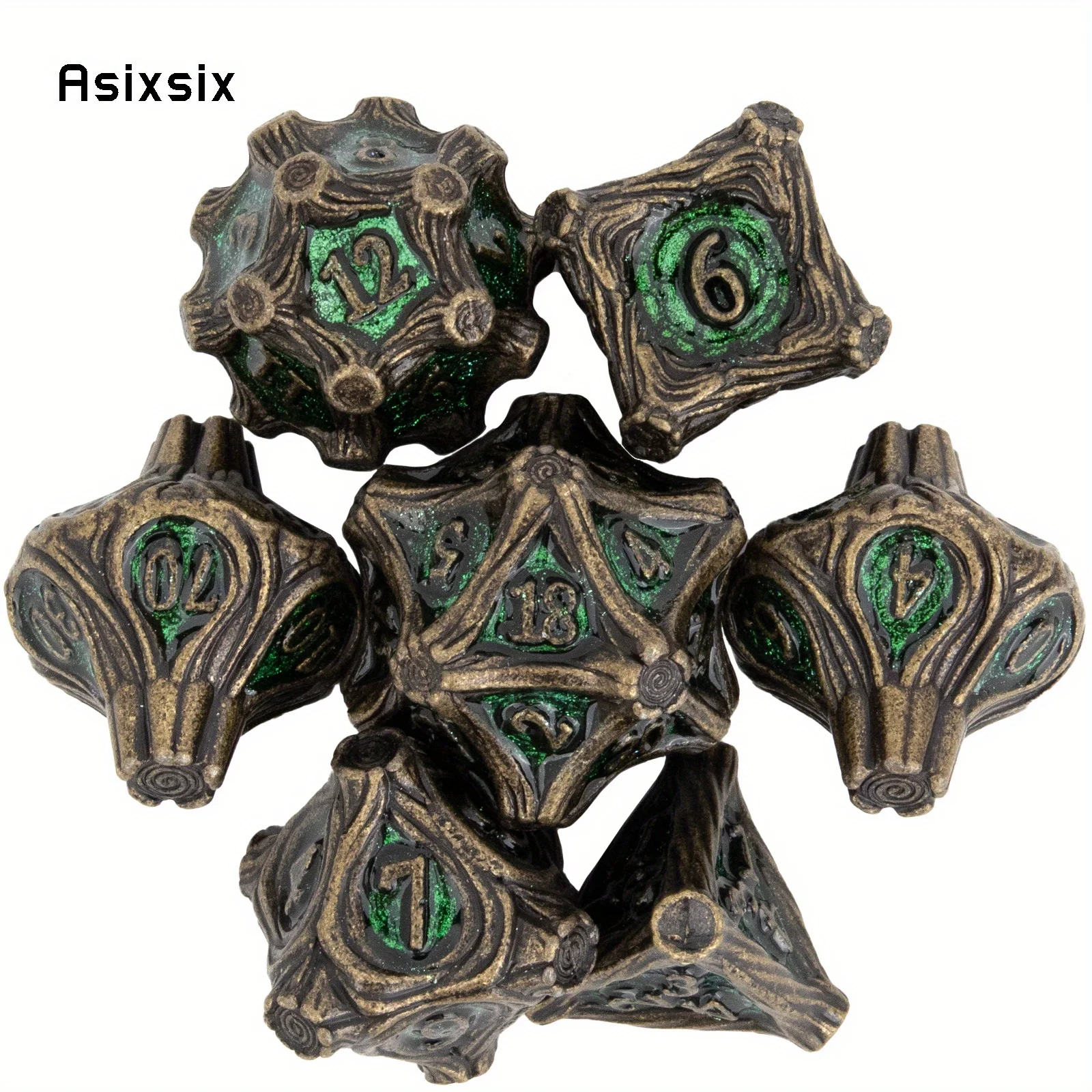 

7 Pcs Green Tree Stump Root Metal Dice Solid Metal Polyhedral Dice Set Suitable for Role-Playing RPG Board Game Card Game
