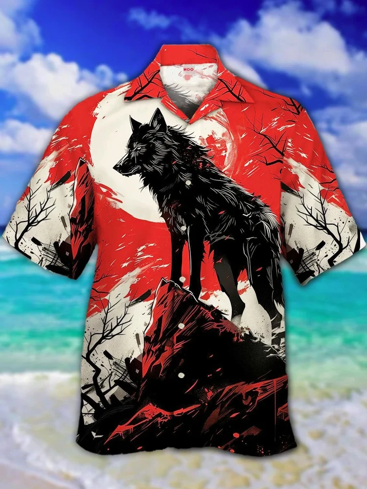 

2024 Eye-Catching Ukiyoe Black Lion And Cross 3D Printing Wolf Painting Short Sleeve Shirts For Men Fashion Hawaiian Shirt