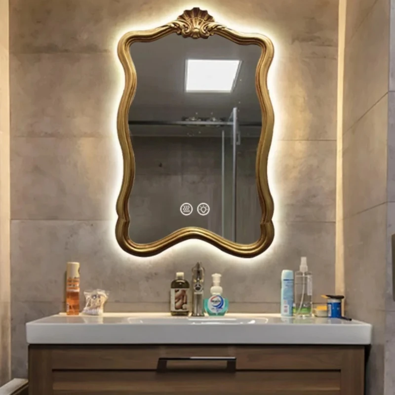 X-S Retro carved bathroom mirror sink anti-fog mirror intelligent special-shaped wall-mounted mirror with lamp HG