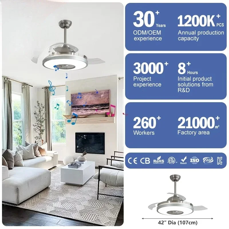 Ventilador de Techo con Diodos Emisores de Luz, Altavoz HIFI, Control Remoto, Ventilador de Techo Inteligente Retráctil con Luz RGB