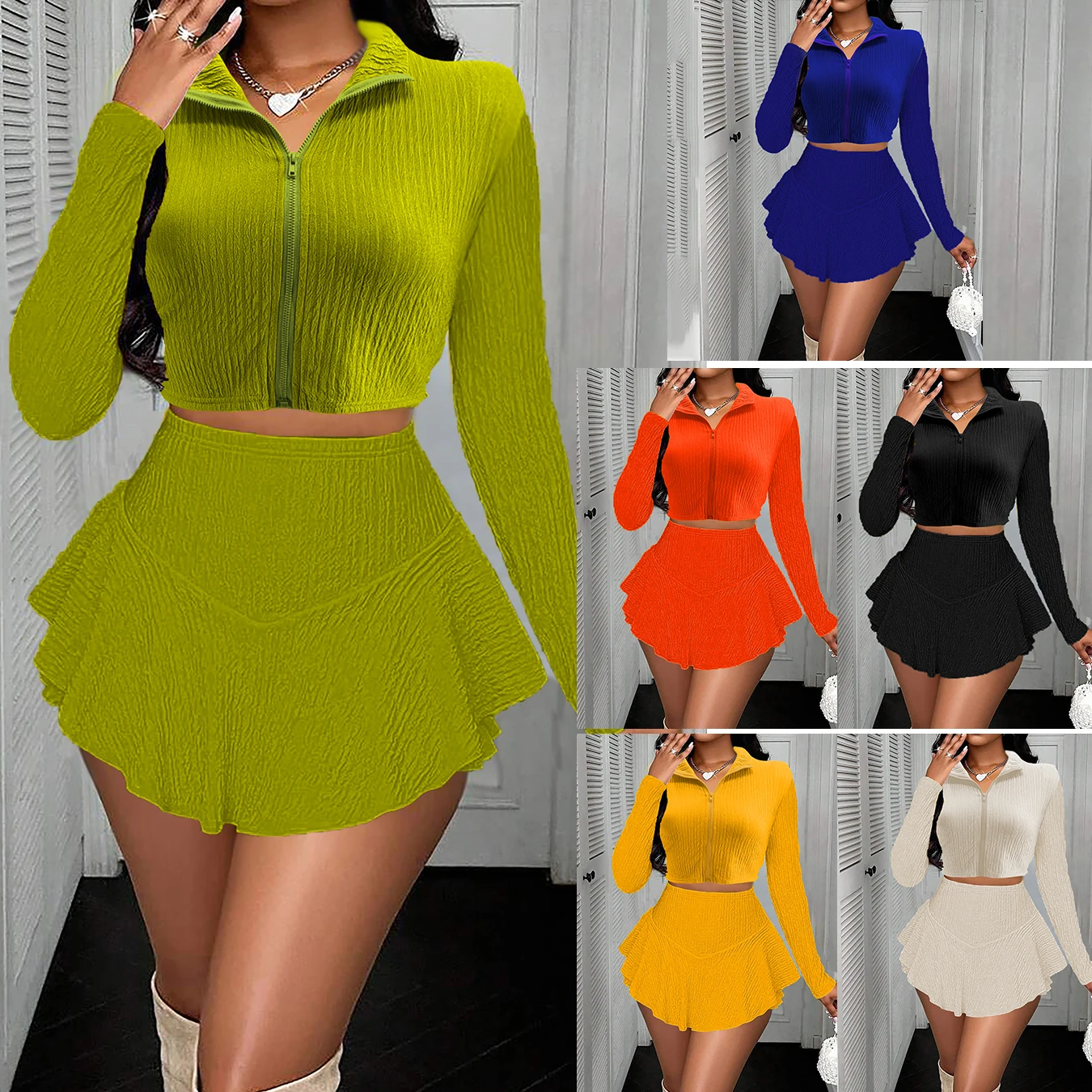 

M3086 Women's Spring new collection: Eye-catching solid color zipper short top two-piece set, ruffled trouser skirt and half ski