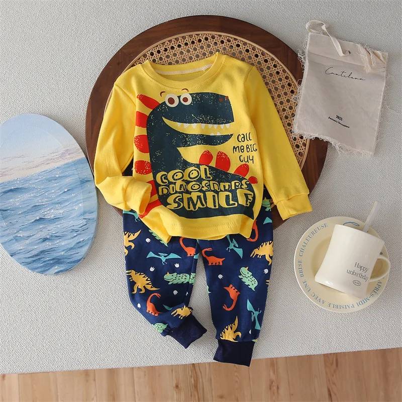 Autumn Underwear Baby Loungewear 2pcs Children's Clothes Set Toddler Boy Cartoon Fashion Dinosaur Printed Long Sleeve Top Pants