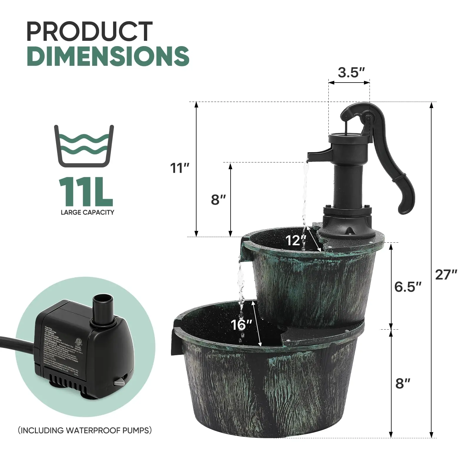 2-Tier Rustic Barrel Water Fountain Outdoor, 27