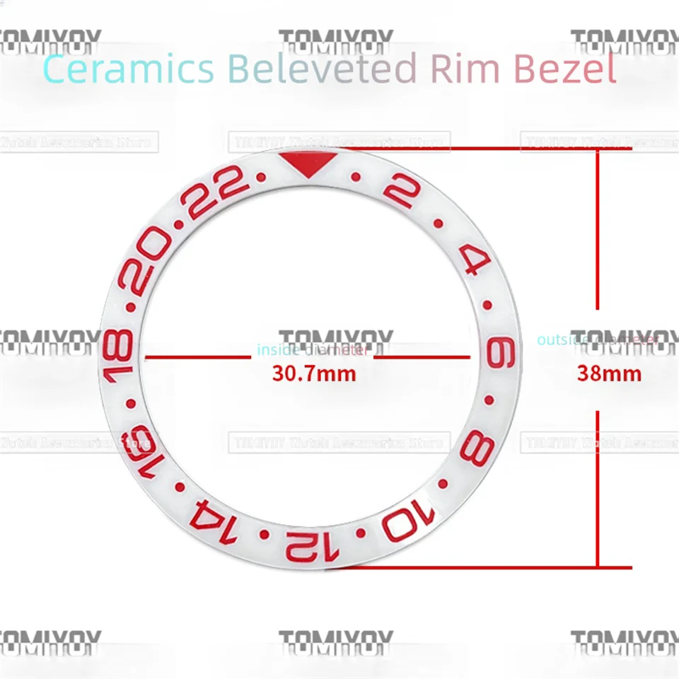 38mmx30.7mm Rosso Blu Verde 2-22 Inserto per lunetta in ceramica con testo multicolore adatto per orologio meccanico da uomo GMT