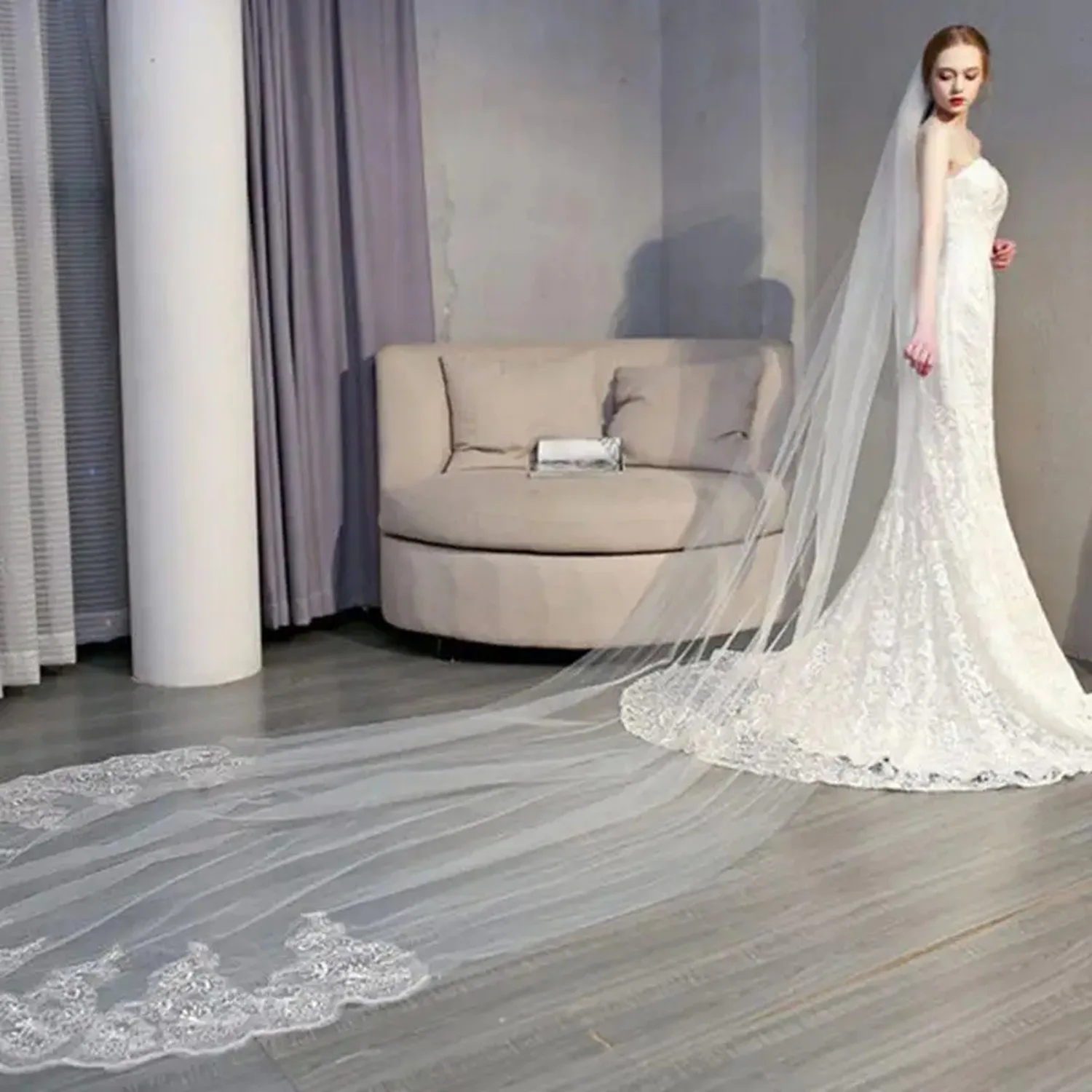 White Long Bridal Veil European American Style Lace Trim Extra Long Wedding Photo Veil Wedding Accessory Bride Wedding