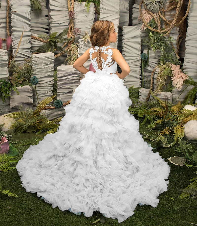 Flower Girl Dresses For Wedding 2 Piece Applique Princess Pageant Dress With Detachable Train Toddlers Tiered Tulle Party Gowns