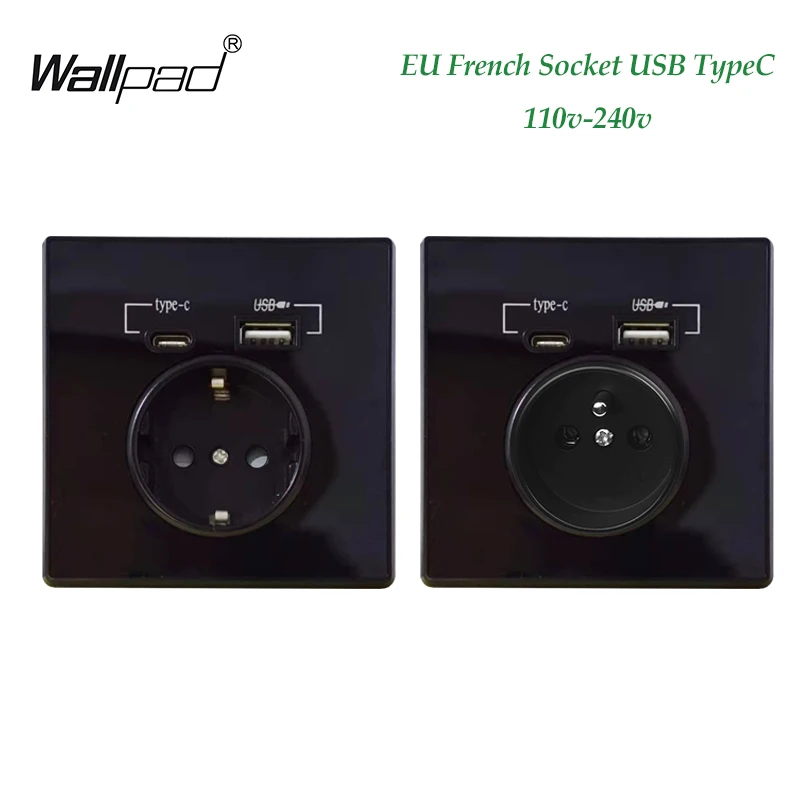 EU French TypeC USB Outlet Wall Charger Wallpad Acrylic Glass Panel Adapter German AC Power Socket Smart Home 5V 2.1A Box Holer