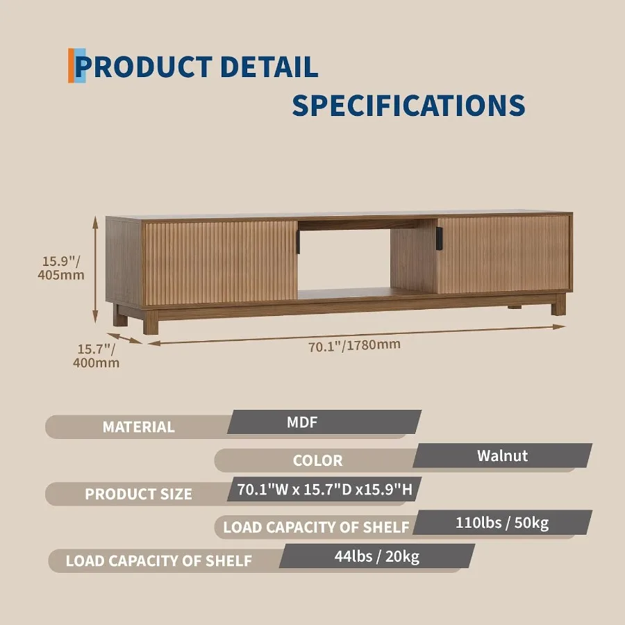 PlayfulPals TV Stand for 70 Inch TV, Media Console Entertainment Center MDF Wood, White, Scratch-Resistant Surface Cable Manage