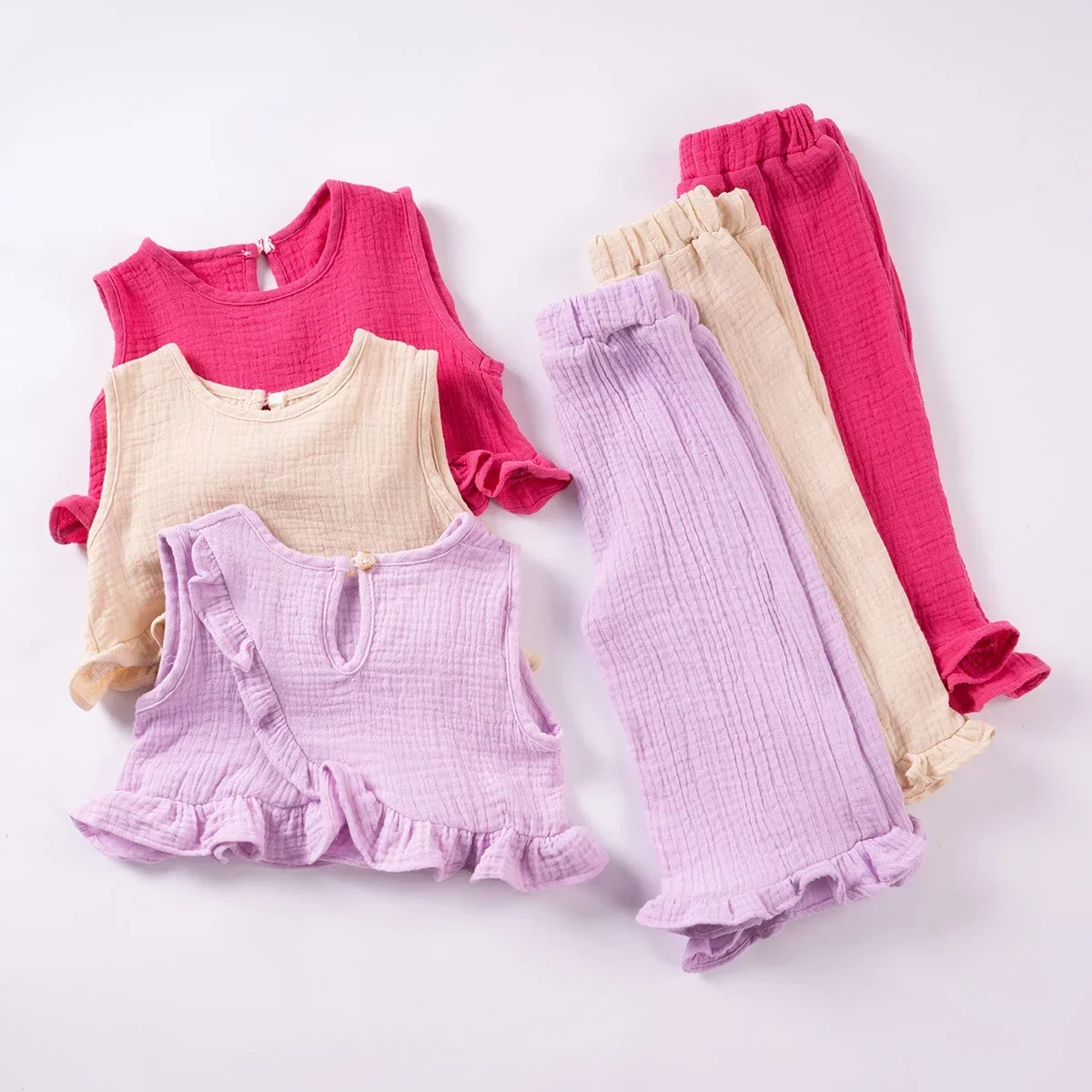 Girls Set Summer Solid Color Sleeveless Top+Long Pants 2Pcs Pure Cotton Comfortable Children\'s Clothing Wholesale