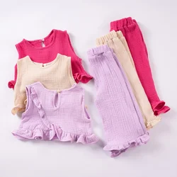 Girls Set Summer Solid Color Sleeveless Top+Long Pants 2Pcs Pure Cotton Comfortable Children's Clothing Wholesale