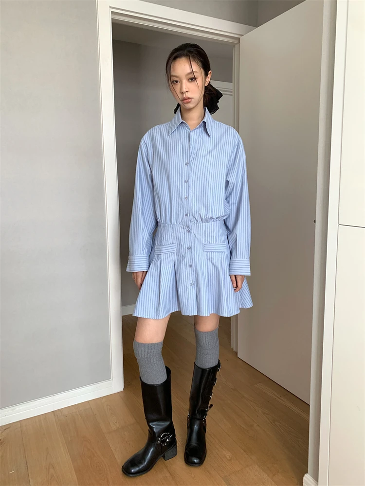 New 2024 High Quality Women Striped Short Dress Long Sleeve Polo Collar A-Line Sweet Chic Stunning Fashion Design Trendy Sweet