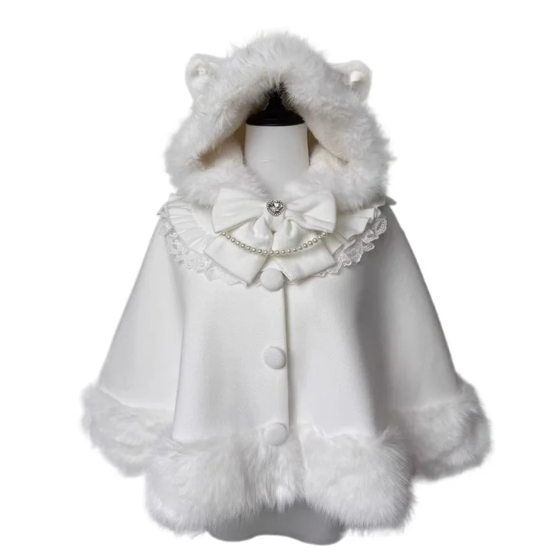 Sweet 2026 New Warm Plush Light Luxury Elegant Temperament Cat Ear Cloak Autumn and Winter Cute Lolita Woolen Cloak Shawl Jacket