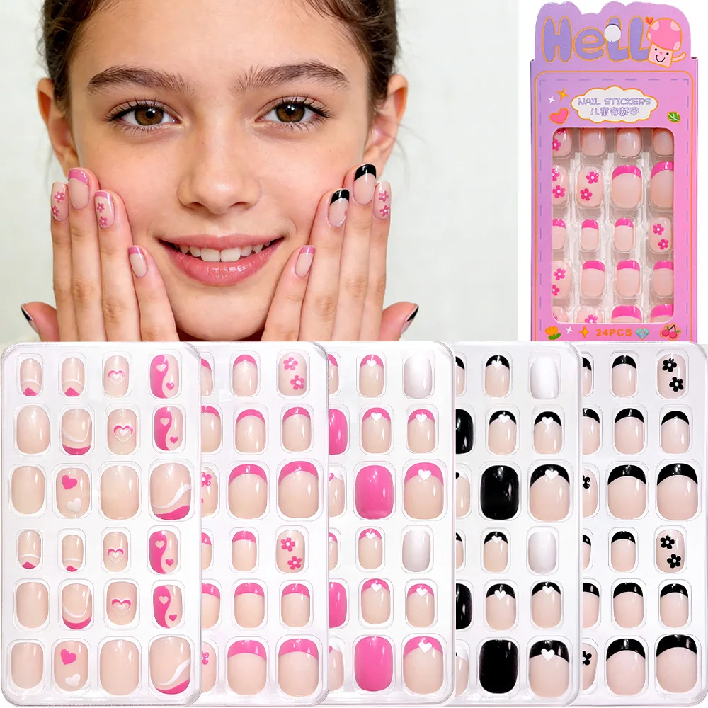 24pcs/box Black Pink Flower Gel Fake Nails For Girls Pink French Heart Teenager Press On Nails Cool Black Short Artificial Nails