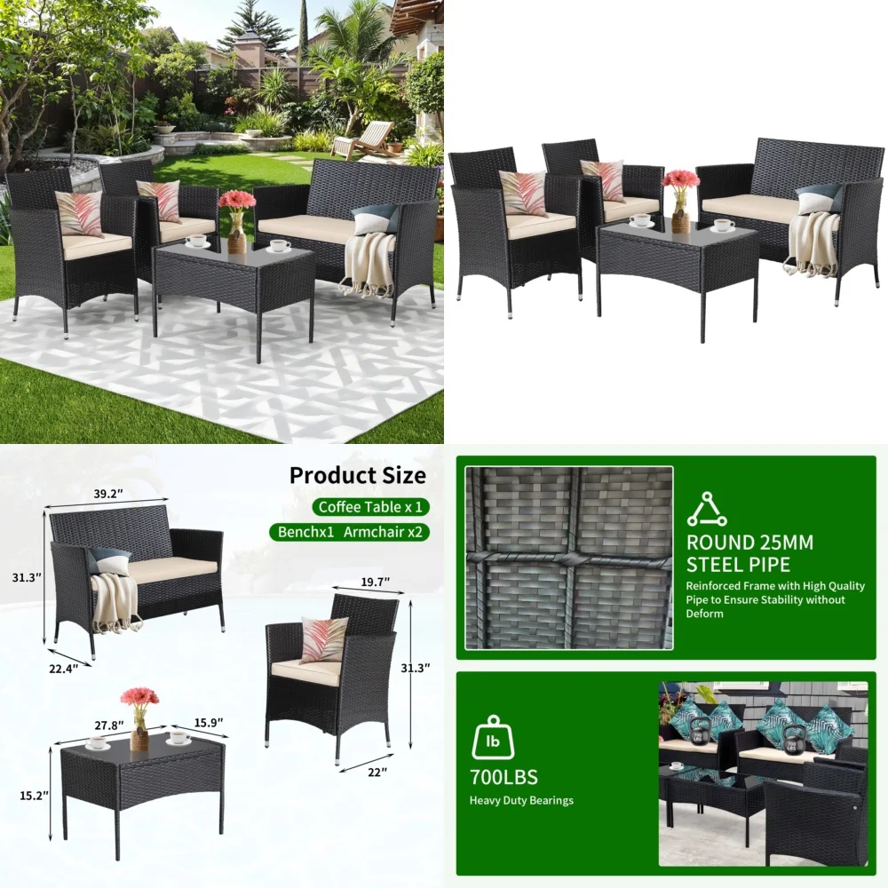 

Наборы садовой мебели. Комплект диванов из ротанга из 4 предметов с подушками и журнальным столиком для патио.