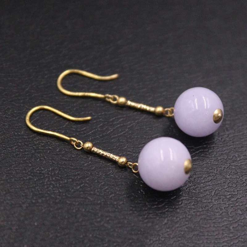 

Real Pure 18K Yellow Gold Natural Jade Women Lucky Purple Bead Dangle Earrings