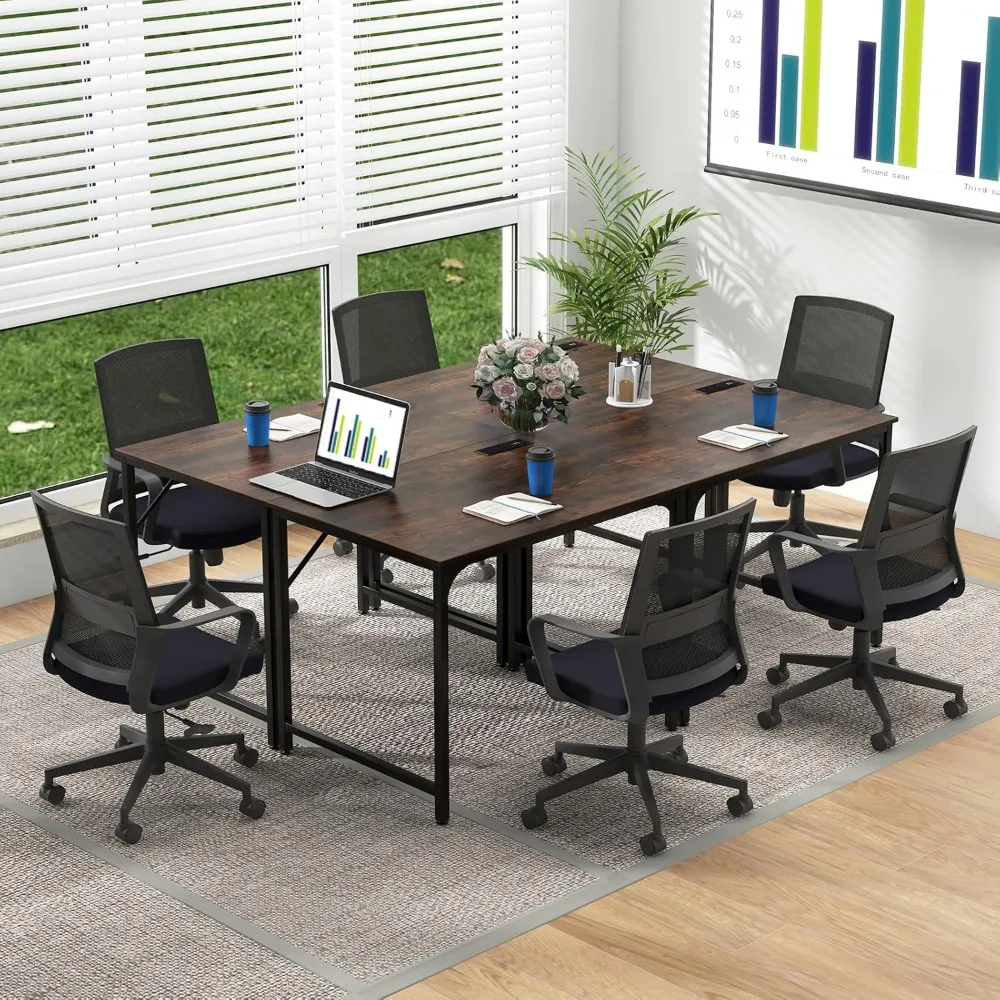 

Conference Table Set of 6, Modern Boardroom Desk with Storage Bag, Headphone Hook, Sturdy Metal Frame, Rectangular Seminar