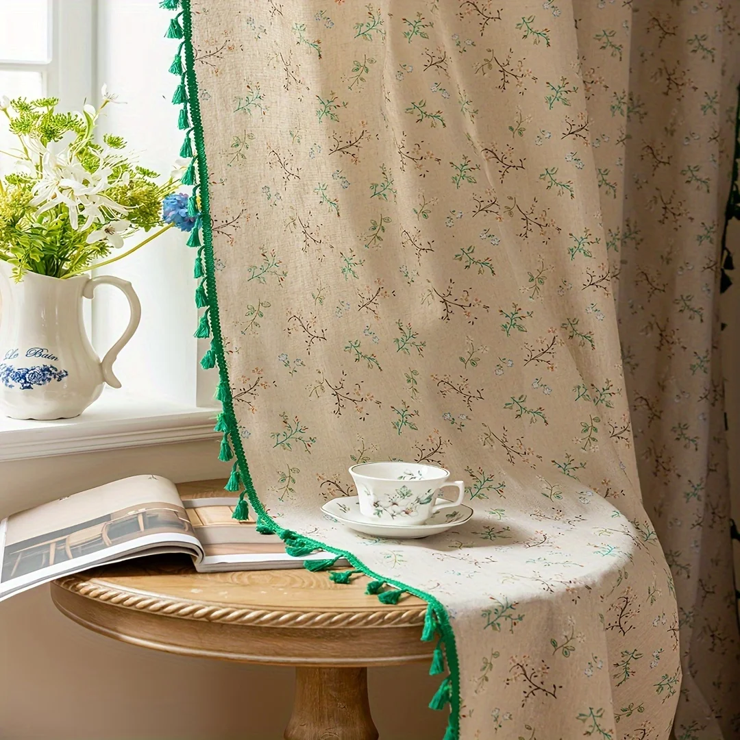 

Florals Boho Farmhouse Curtains, Semi-Blackout Drape Bohemian Window Treatment Cotton Linen for Bedroom Living Room, 1 Panel