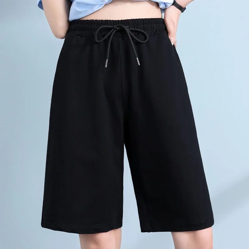 

Black Ice Silk High Waist Slimming Thin Five-Quarter Pants Korean Style Summer New Loose Casual Wide Leg Casual Pants