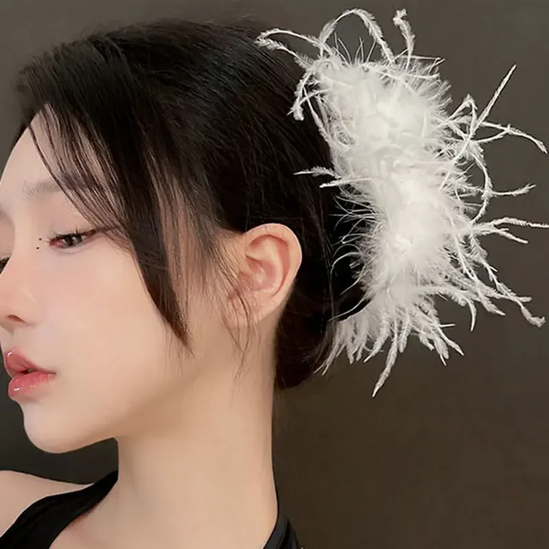 Fashion Ostrich Feather Hair Clip Black White Women Winter Large Shark Hair Claw Headwear Girl Korean Hair Accessories