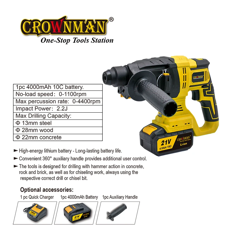 CROWNMAN Power 21V Lithium Battery Impact Brushless Cordless Rotary Hammer