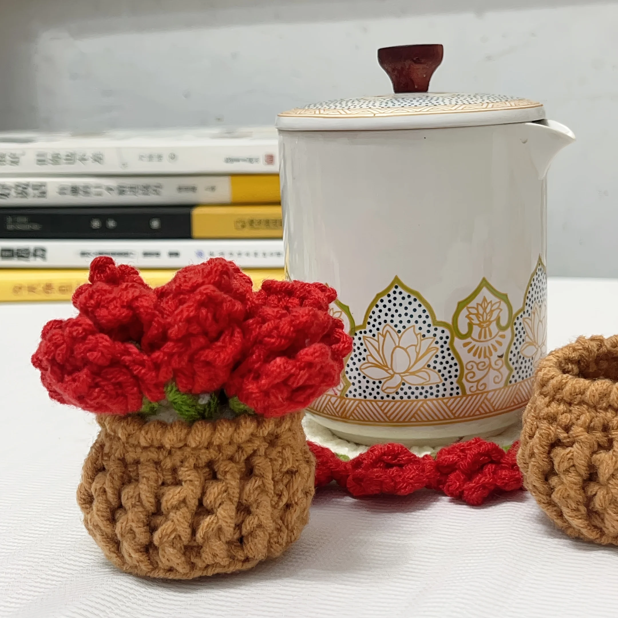 Crochet Floral Coasters Set Table Decorations Bouquet Coasters Potted Plant Decor Handmade Crafts Table Mat Kitchens Accessories