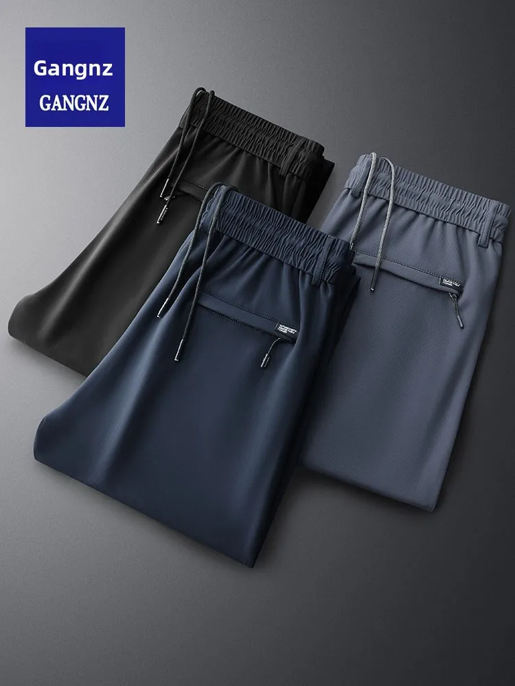 

Свободные тонкие эластичные повседневные брюки для мужчин больших размеров, из ледяного шелка, быстросохнущие, спортивные, модные, городские, прямые, длинные, свободного кроя