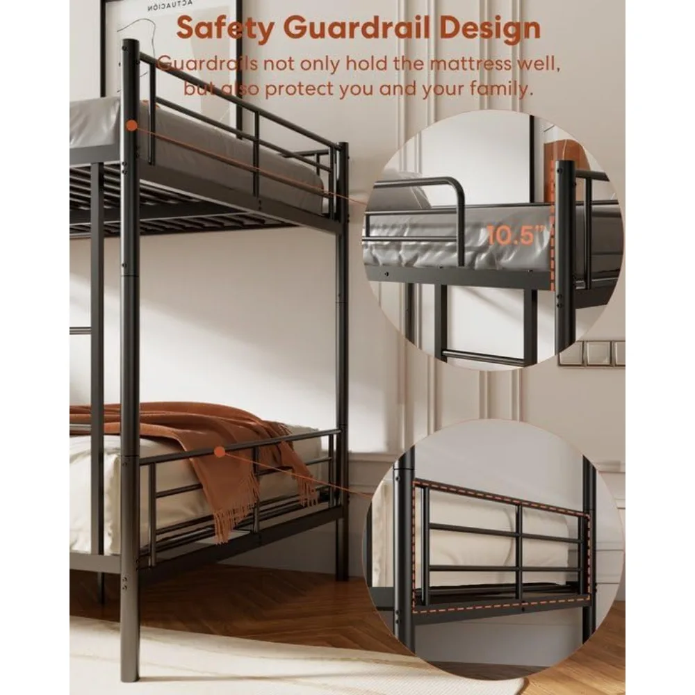 سرير بطابقين معدني كامل للبالغين والأطفال، يمكن تحويلها إلى سريرين منفصلين بالحجم الكامل، إطار سرير بطابقين عالي التحمل #4