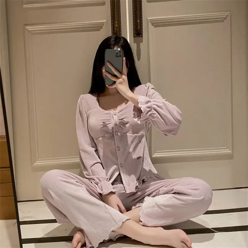 2024 New Pajamas Women's Spring Sweet Square Neck Sleepwear Set with Chest Cushion Loungewear Island Velvet Flounce Homewear