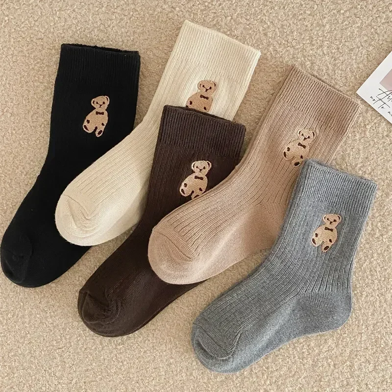 Autumn Winter Cotton Kids Socks Korean Retro Style Bear Embroidery Girls Boy Toddler Knitted Socks Warmth Tube Socks For 1-10Yrs