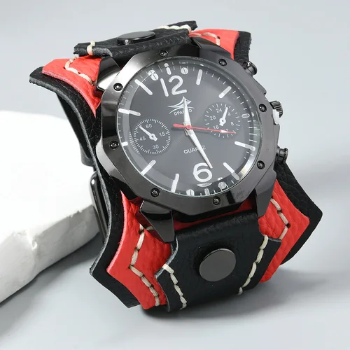 Imagen 2 del producto Reloj de esfera grande con correa de cuero de vaca cosida a mano multicapa punk vintage para hombre