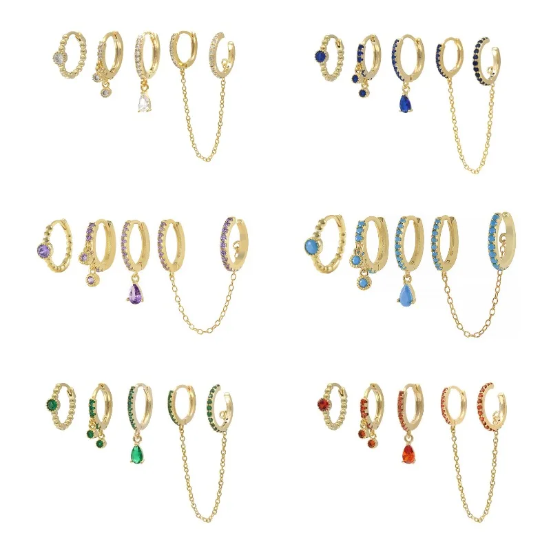 Aide 4pcs Stack Set Colorful Zirconia Huggie Double Hoops With Chain Earrings For Women Wedding Party Crystal Turquoise Jewelry