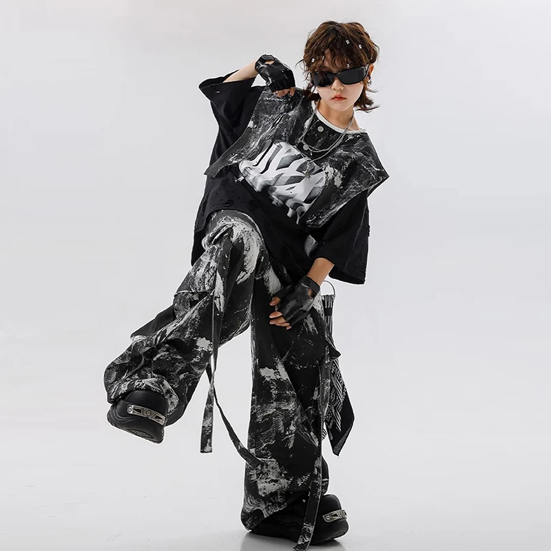 

2026 Girls Hip Hop Cool Black T-Shirt Loose Dyed Cargo Pants Boys Street Dance Kids Teens Costumes Jazz Rave Clothes XH2899