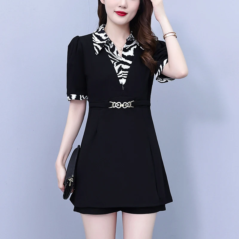 Summer Chiffon Two-piece Set For Women Lapel Leopard Print Blouse Tops And Shorts Female Large Size Elegant Black Matching Suits