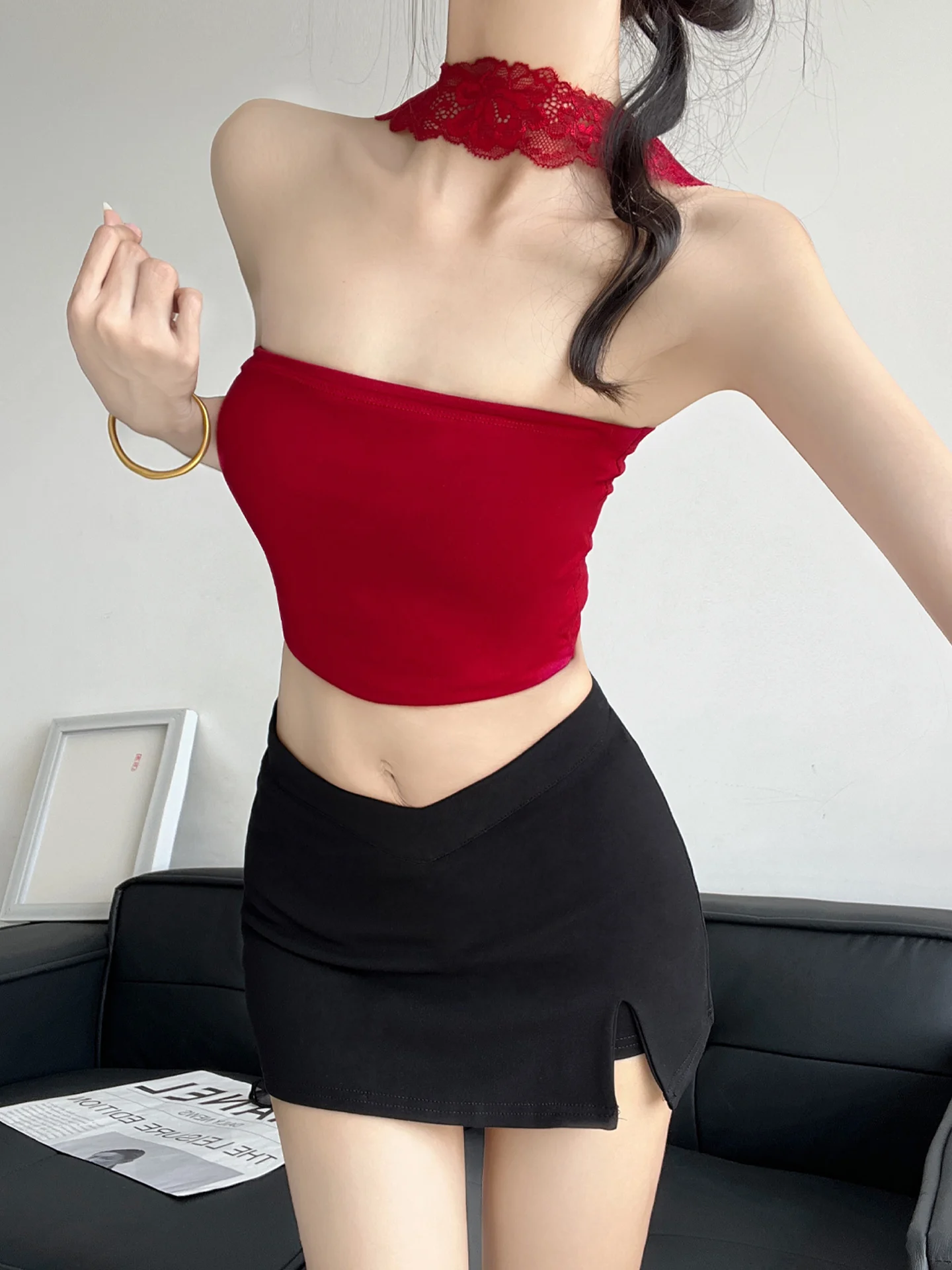 Sexy  A-Line Skirt Women's High Slit Prevent Exposure ort Skirt Summer Low Waist Design Bodycon Sle  Color Skirt